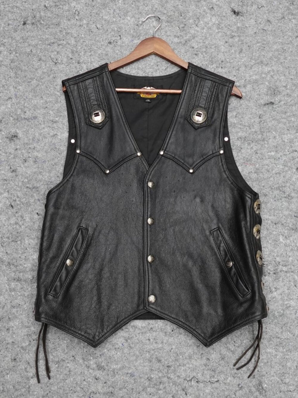 Harley-Davidson Biker Vest Vintage 1990s Mens Black Embroidered Studded Size XL
